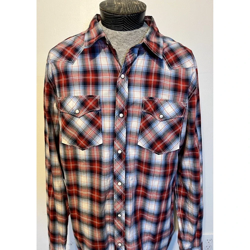 American‎ Eagle Outfitters Shirt Mens 2XL Red Plaid Western Pearl Snap Sleeve